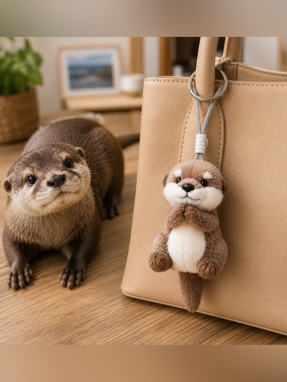 Otter Plush Bag Charm Keychain | Plush Animal Purse Charm | Hands Snap Together